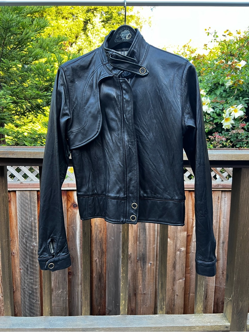 Mike & Chris Black Leather Moto Jacket with Snap-Trim Collar